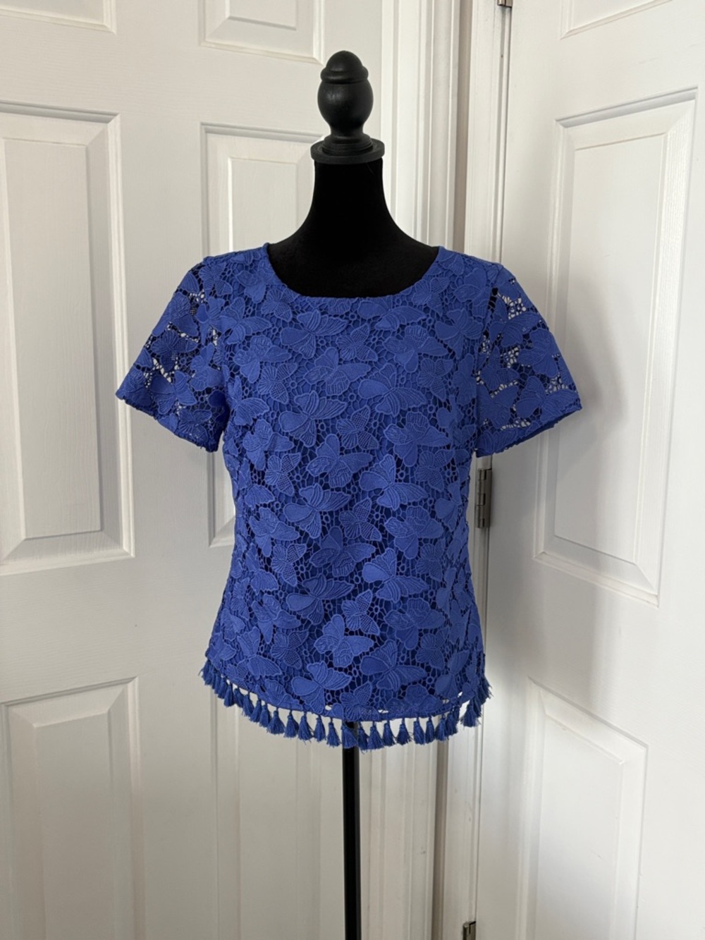 Talbots NWT Butterfly Lace Tassel-Hem Top in cobalt blue.